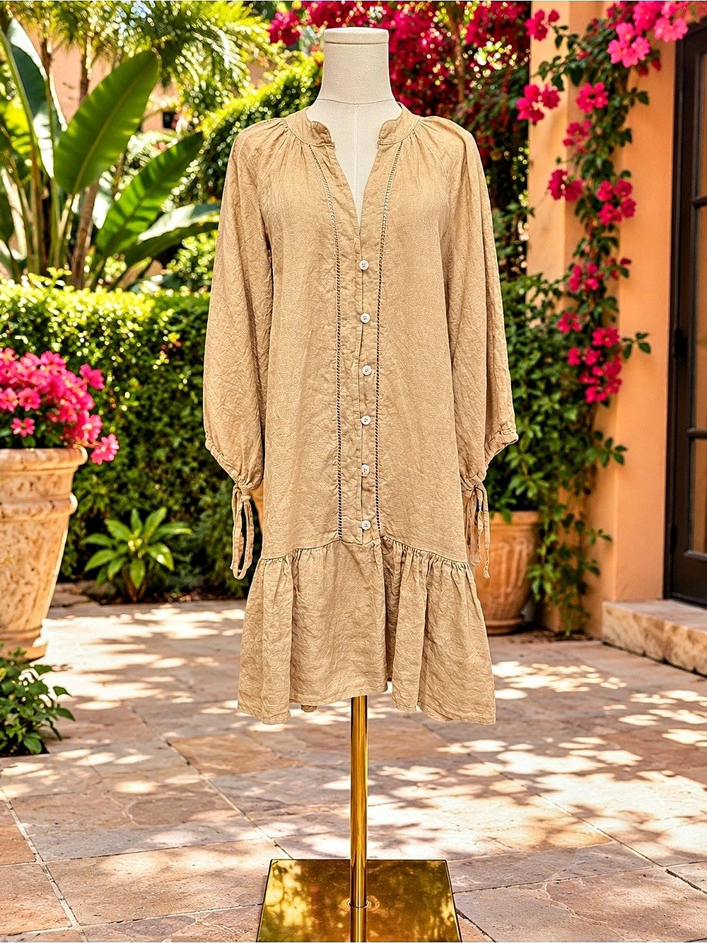 Italian Linen Boho Ruffle Hem
Linen Dress - OS Wheat Beige
